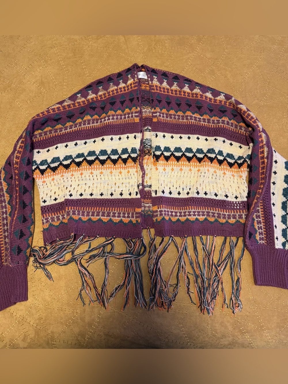 Purple Patterned Fringe Knit Shrug